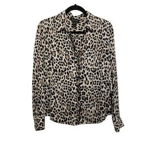 Silk Shirt White House Black Market Leopard Print Button-Up Stretch Size 6 465